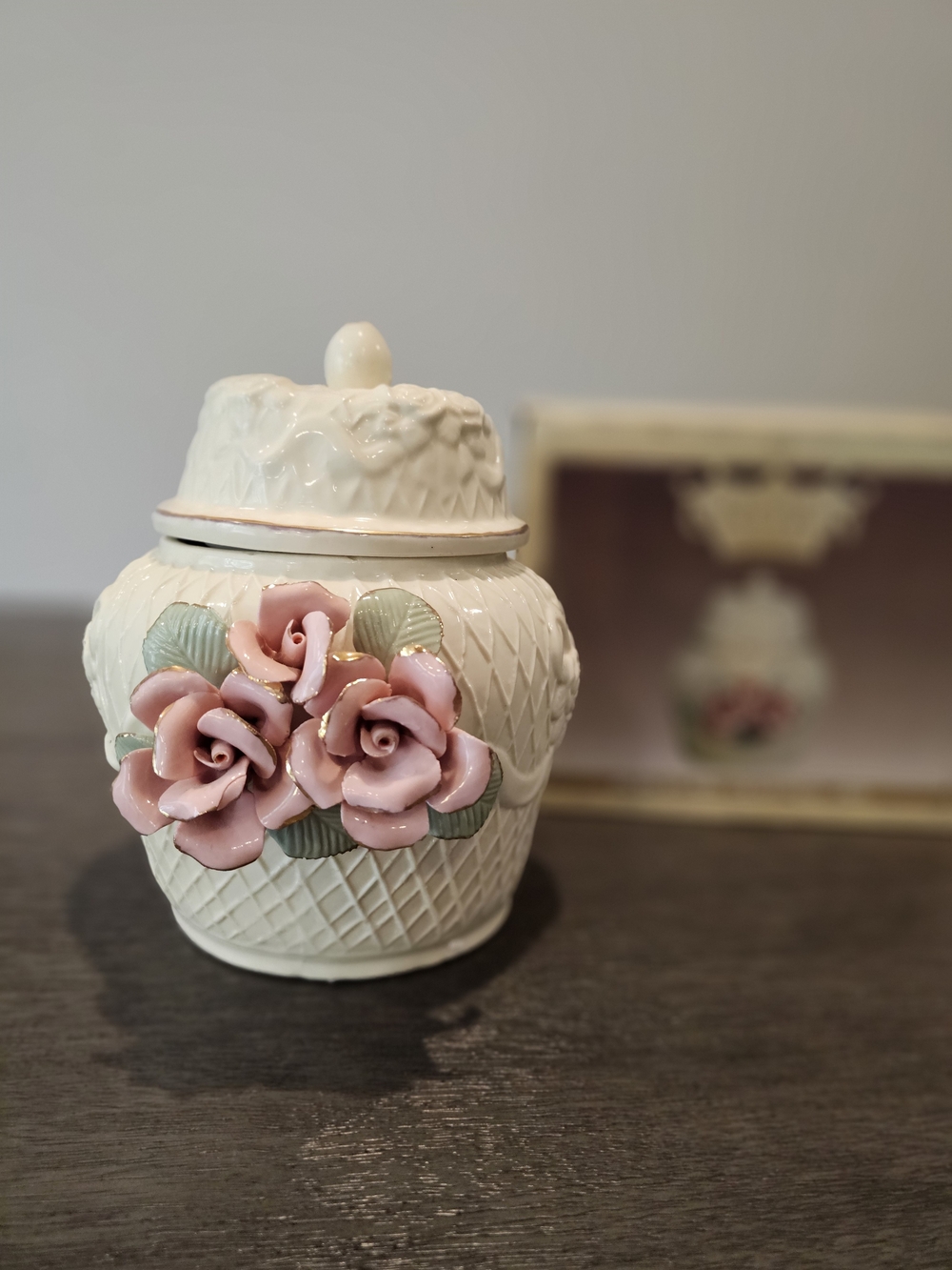 Large Cream Porcelain Decorative Jar with Pink Rose Accents